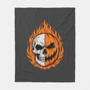 Halloween Flaming Skull Pumpkin Split Face Design Fleece Blanket