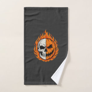 Halloween Flaming Skull Pumpkin Split Face Design Hand Towel