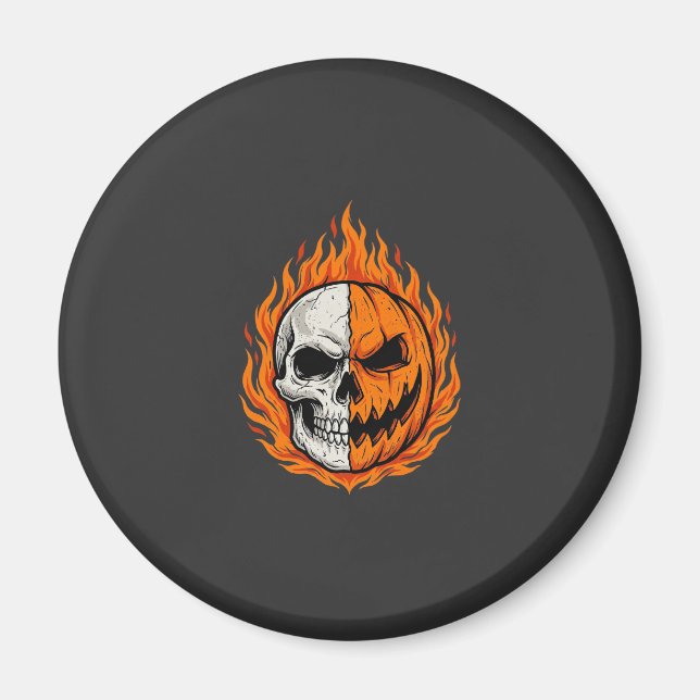 Halloween Flaming Skull Pumpkin Split Face Design Magnet (Front)