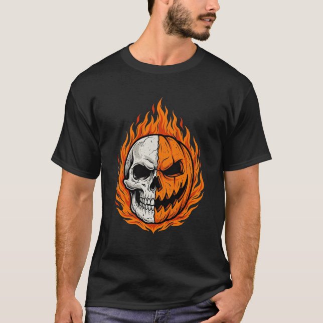 Halloween Flaming Skull Pumpkin Split Face Design T-Shirt (Front)