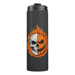 Halloween Flaming Skull Pumpkin Split Face Design Thermal Tumbler