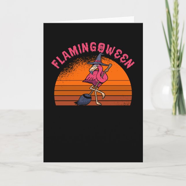 Halloween Flamingo Flamingoween Witch Broom Retro Card (Front)