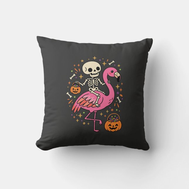 Halloween Flamingo Skeleton Candy Bucket Vector De Cushion (Front)
