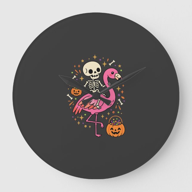 Halloween Flamingo Skeleton Candy Bucket Vector De Large Clock (Front)