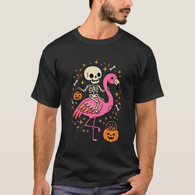 Halloween Flamingo Skeleton Candy Bucket Vector De T-Shirt (Front)