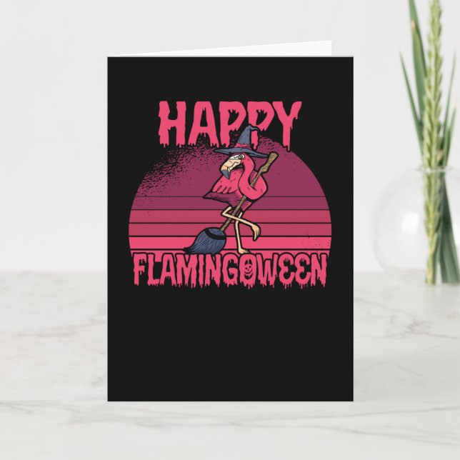 Halloween Flamingoween Flamingo Witch Broom Retro Card (Front)
