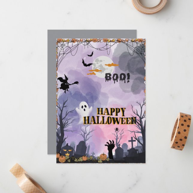 Halloween Flat Card – Spooky Greeting Card (Front/Back In Situ)