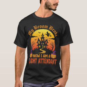 Halloween Flight Attendant Witch Broom Design T-Shirt
