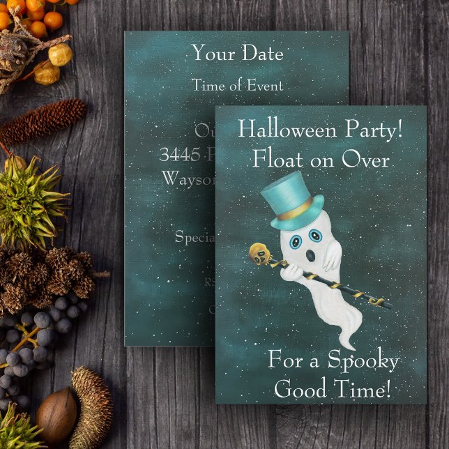 Halloween Floating Ghost Top Hat Skull Cane Sky Invitation (Cute silly floating ghost top hat gold skull cane on night sky Halloween party invitations.)