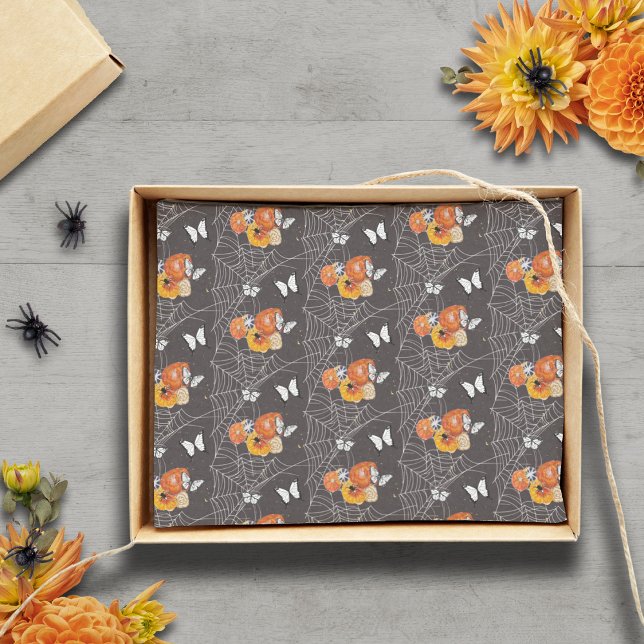 Halloween Floral Butterfly Spider Web Grey Orange Tissue Paper (Cottagecore Victorian Halloween handpainted fall florals with spiders and butterflies original art)