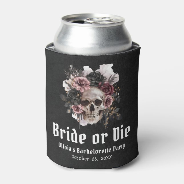 Halloween Floral Skull Bride or Die Bachelorette Can Cooler (Can Front)