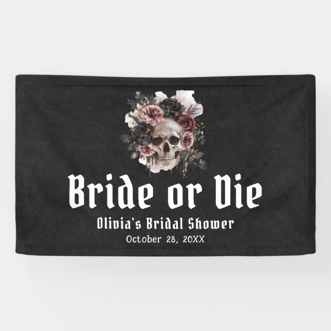Halloween Floral Skull Bride or Die Bridal Shower Banner (Horizontal)