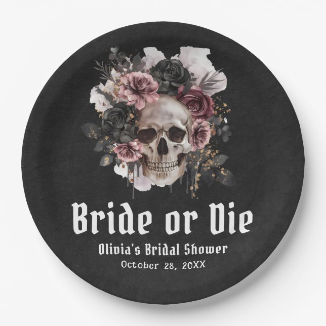 Halloween Floral Skull Bride or Die Bridal Shower Paper Plate (Front)