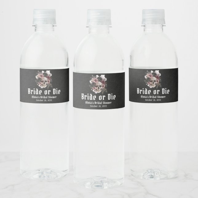 Halloween Floral Skull Bride or Die Bridal Shower Water Bottle Label (Bottles)