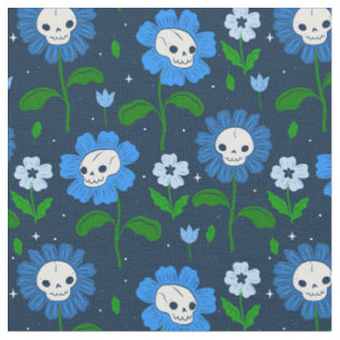 halloween floral skull flowers blue fabric