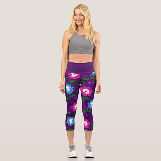 halloween floral skull flowers purple capri leggings (Front)