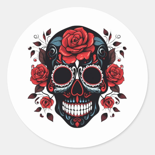 Halloween Floral Sugar Skull Classic Round Sticker (Front)