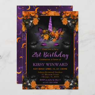 Halloween Floral Unicorn Face Birthday Invitation