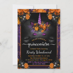 Halloween Floral Unicorn Face Fall Quinceanera Invitation