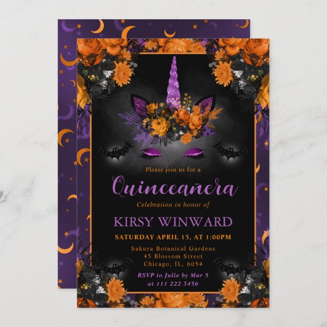 Halloween Floral Unicorn Face Quinceanera Invitation (Front/Back)