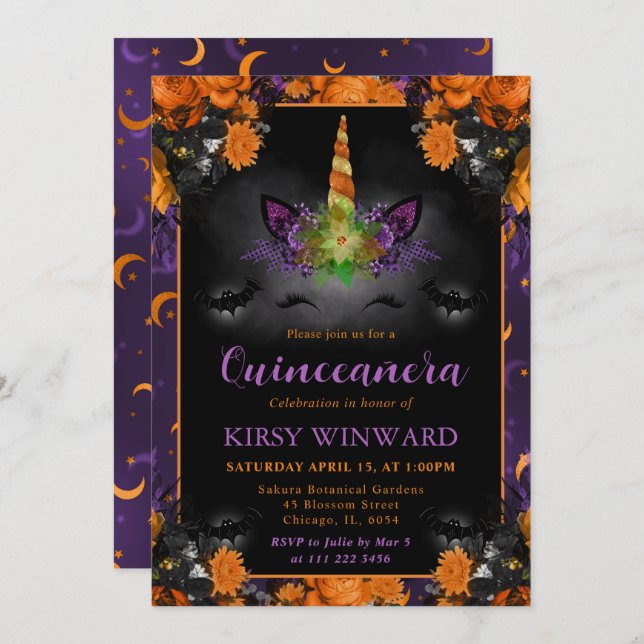 Halloween Floral Unicorn Face Quinceanera Invitation (Front/Back)