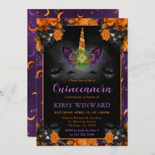 Halloween Floral Unicorn Face Quinceanera Invitation