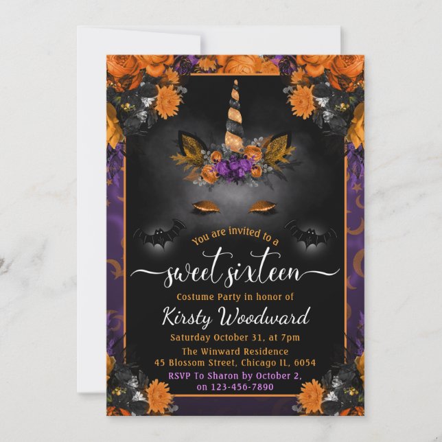 Halloween Floral Unicorn Face Sweet Sixteen Invitation (Front)