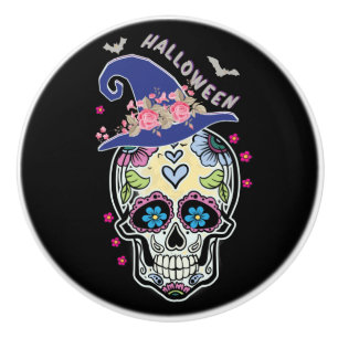 Halloween Flower Skull Ceramic Knob