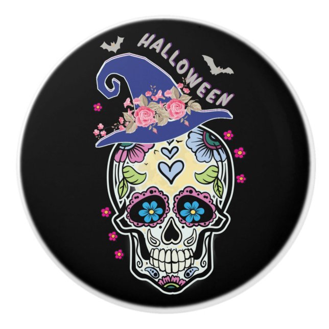 Halloween Flower Skull Ceramic Knob (Front)