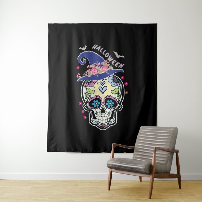 Halloween Flower Skull Tapestry (In Situ)
