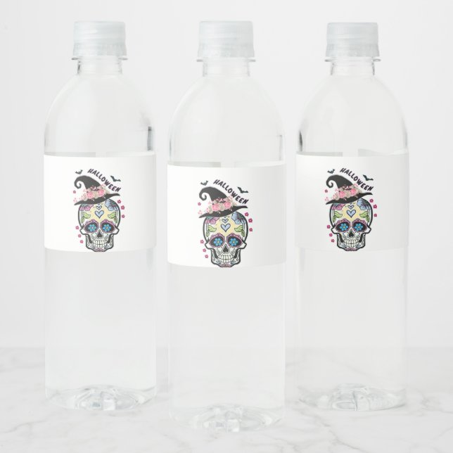 Halloween Flower Skull Water Bottle Label (Bottles)