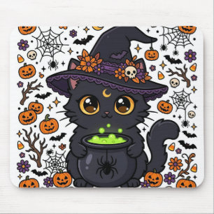 Halloween Flower Witch Cat Pumpkin Spooky Desk Mouse Pad