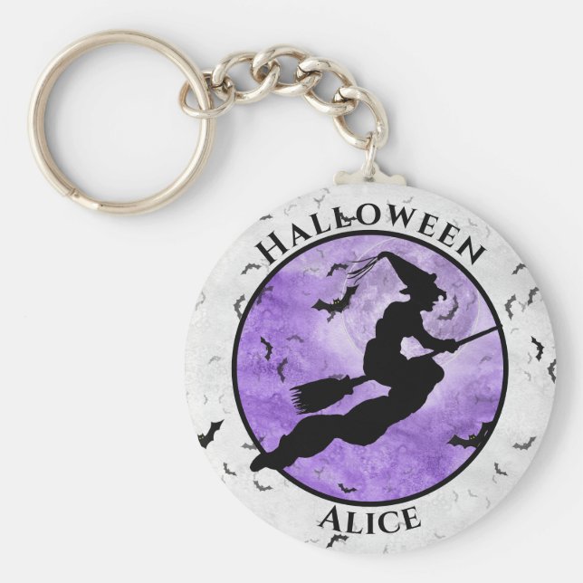 Halloween Flying Black Witch Silhouette Purple Key Ring (Front)