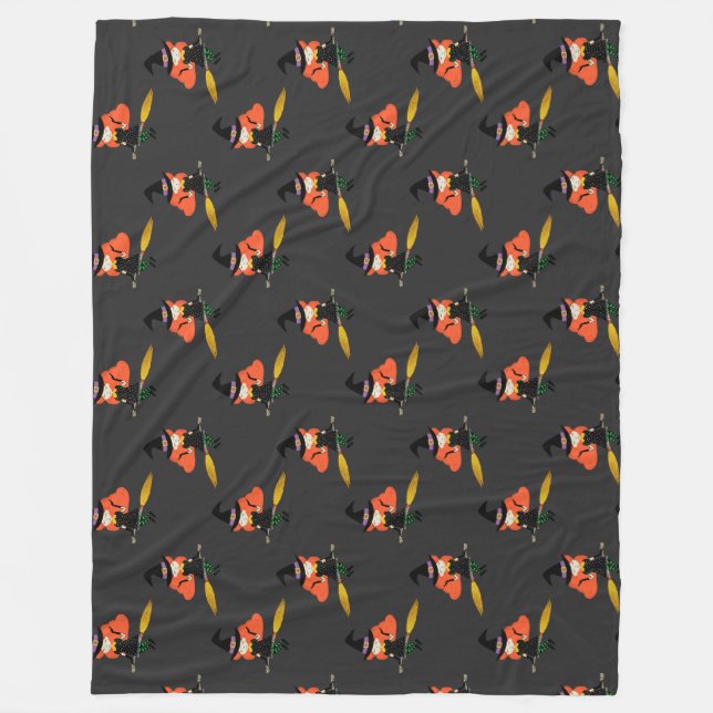 Halloween Flying Cute Witch with Broom Charcoal Fleece Blanket (Front)