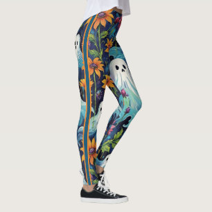Halloween Flying Ghosts Flowers and Racing Stripes Leggings