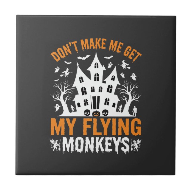 Halloween Flying Monkeys Haunted House Graphic Ceramic Tile (Front)