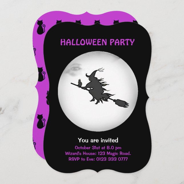 Halloween Flying Witch & Black Cat Invitation (Front/Back)