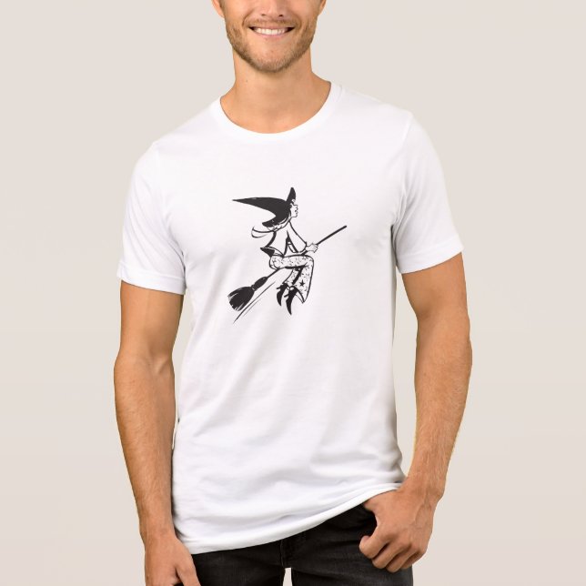 Halloween Flying Witch Black Line Drawing Tri-Blend Shirt (Front)