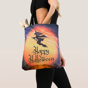 Halloween Flying Witch Broom Pumpkin Tote Bag