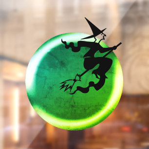 Halloween flying witch cat neon green full moon