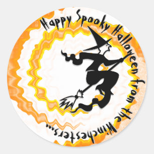 Halloween flying witch full moon magic spell text classic round sticker