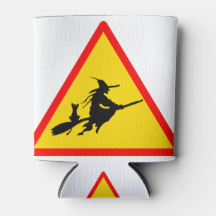 Halloween Flying Witch On Broom Sign Can Cooler