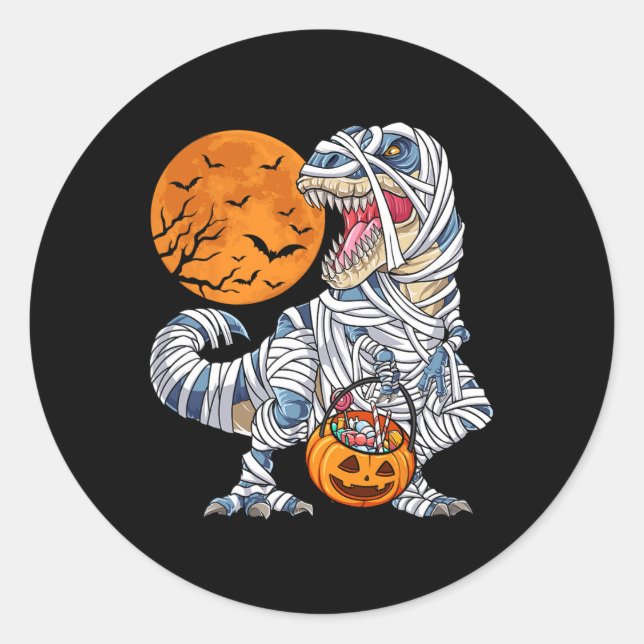 Halloween For Boys Men Dinosaur T Rex Mummy Pumpki Classic Round Sticker (Front)