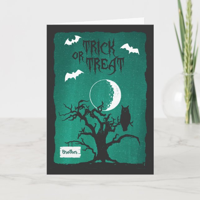 Halloween for Brother Owl Crooked Tree Moon & Bats Card (Front)