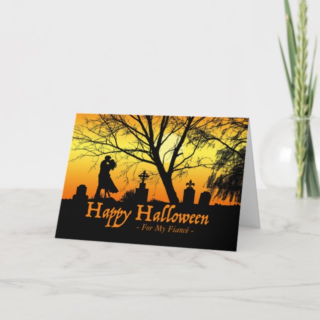 Halloween for Fiancé, Couple Kissing in Cemetery Card (Front)