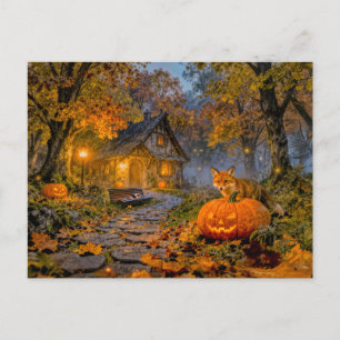 Halloween Forest Cottage with Fox Postcard