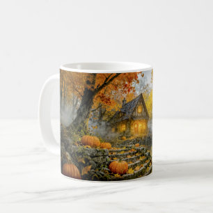 Halloween Forest Cottage with Pumpkins, Stone Path Coffee Mug