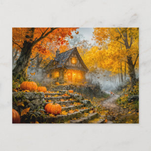 Halloween Forest Cottage with Pumpkins, Stone Path Postcard