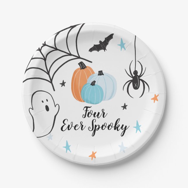 Halloween Four Ever Spooky Birthday Blue Pumpkins Paper Plate (Front)