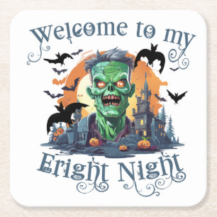 Halloween Frankenstein Welcome To My Fright Night Square Paper Coaster